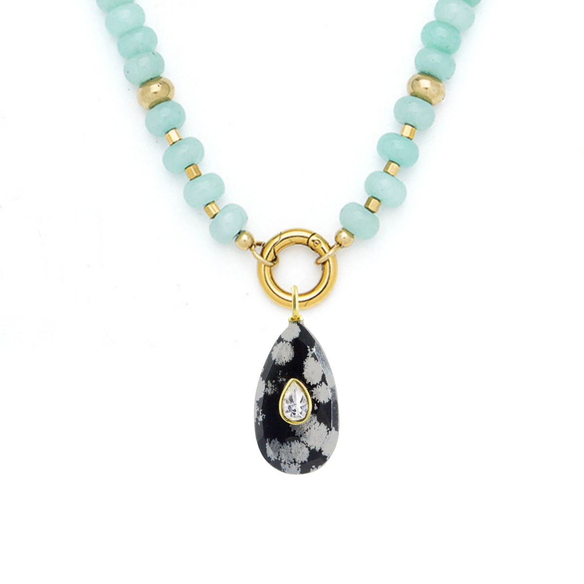 Snowflake Obsidian Pendant and Raya Gemstone Necklace Amazonite