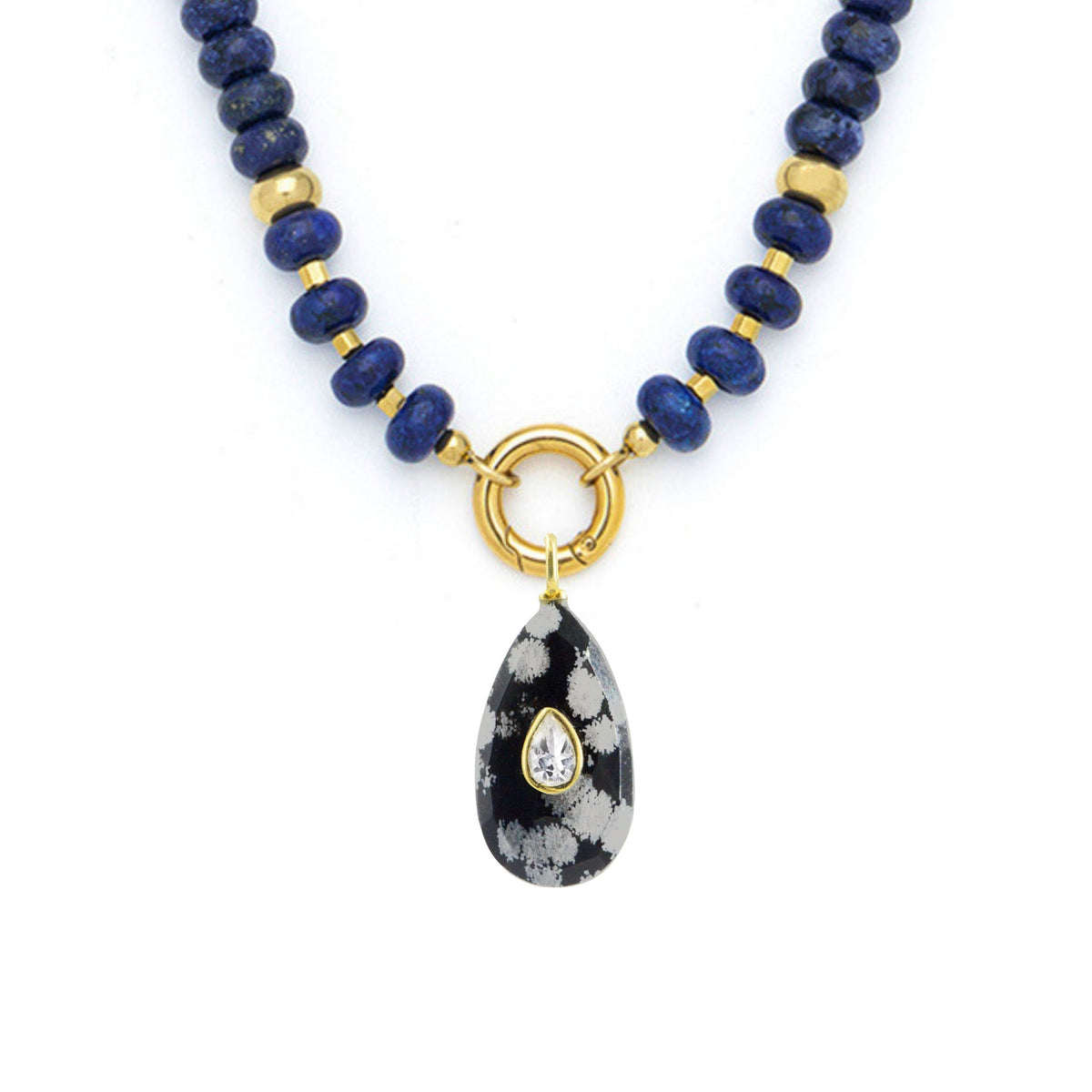 Snowflake Obsidian Pendant and Raya Gemstone Necklace Lapis