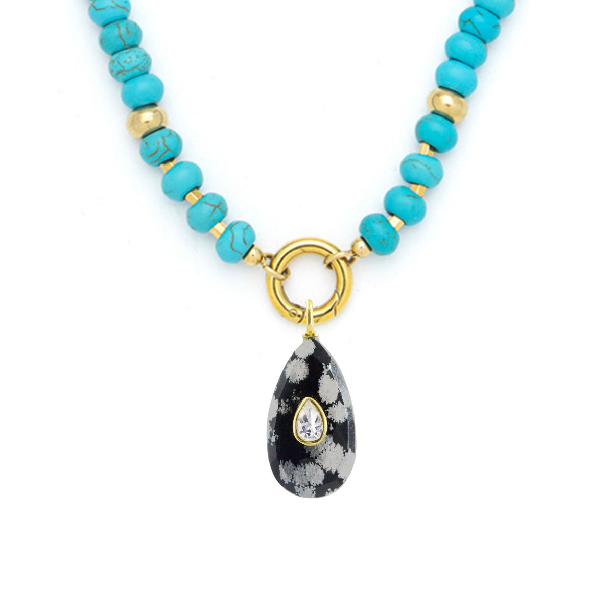 Snowflake Obsidian Pendant and Raya Gemstone Necklace Turquoise