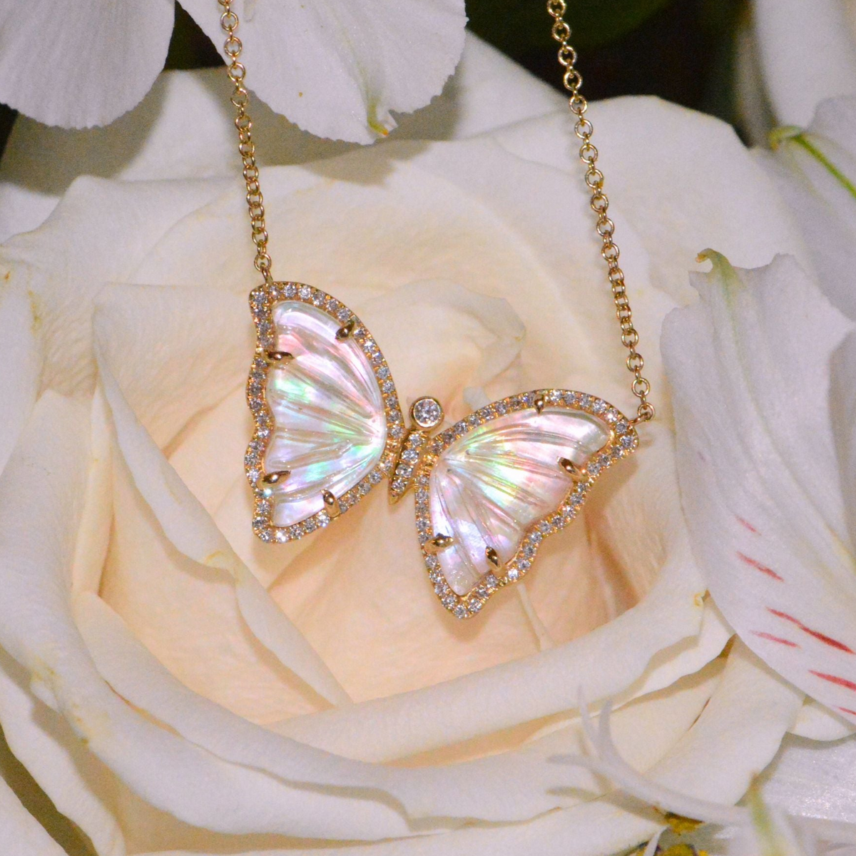 Rainbow Diamond Butterfly Necklace with White Topaz and Pearl