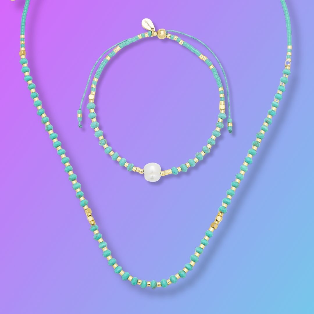 Gift Set | Lumira Necklace with Mini Pearl and Gemstone Adjustable Bracelet