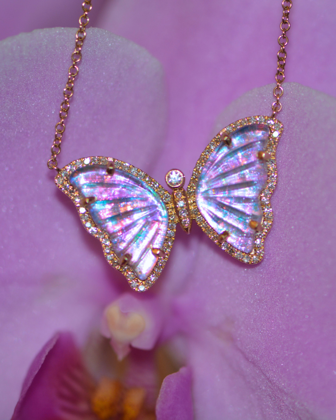 Vivid Orchid Lavender Amethyst Butterfly Necklace With Diamonds