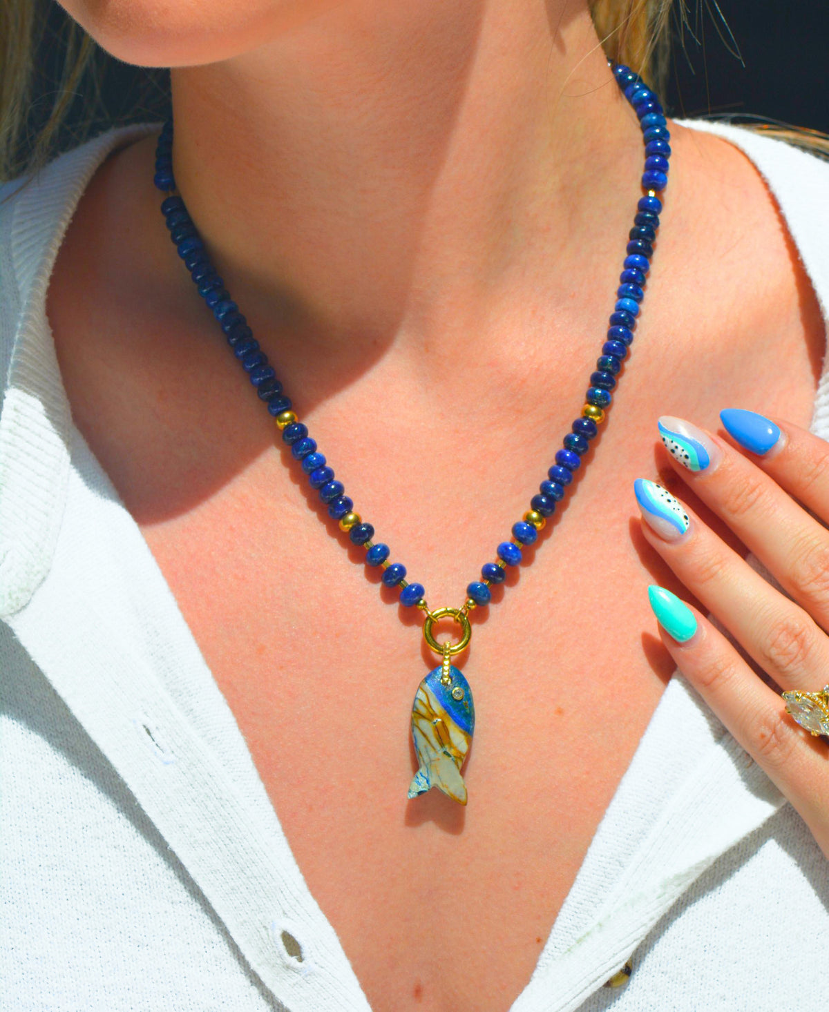 Agate Gemstone Necklace Fish Pendant White Topaz Lapis Lifestyle
