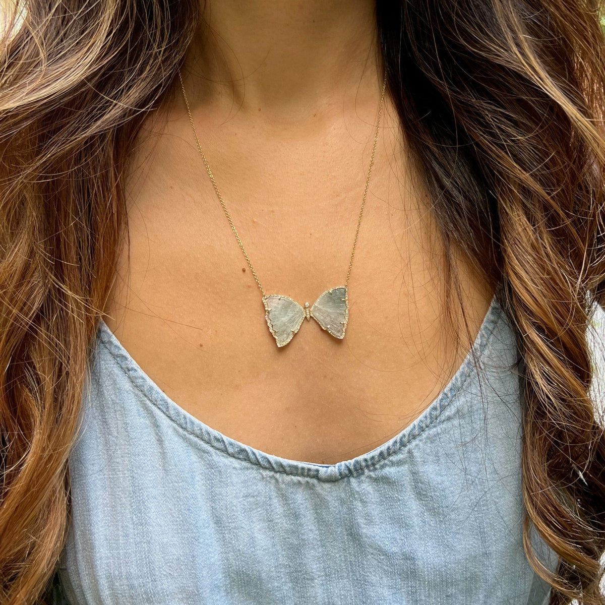 Blue Aquamarine Butterfly Necklace with Diamonds