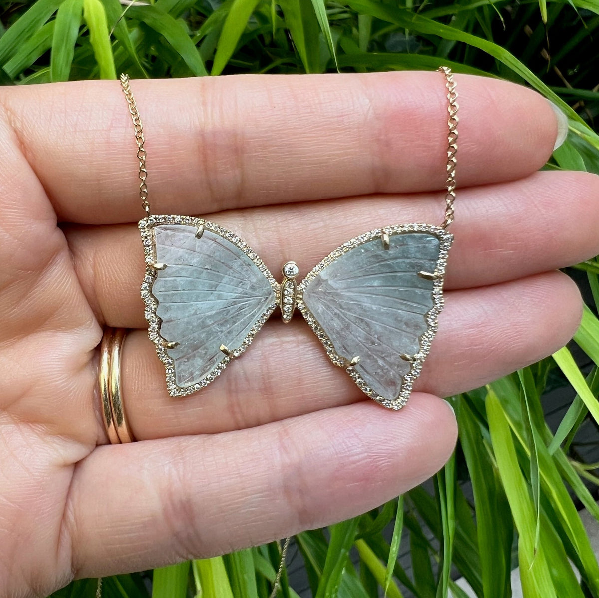 Blue Aquamarine Butterfly Necklace with Diamonds
