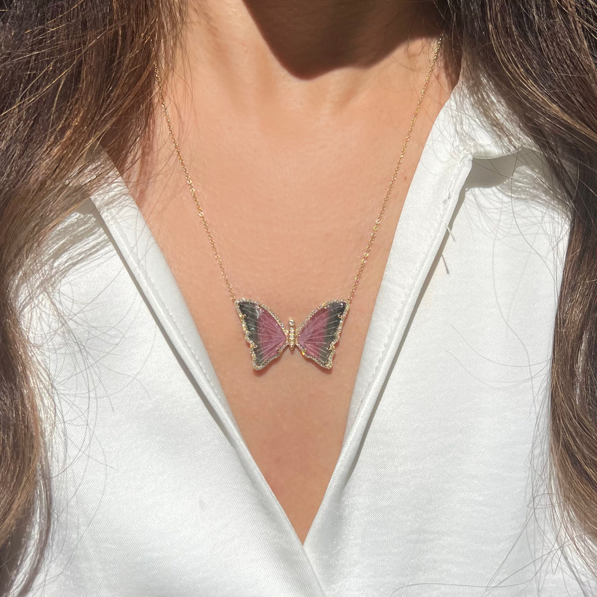 bicolor deep watermelon tourmaline butterfly necklace diamonds