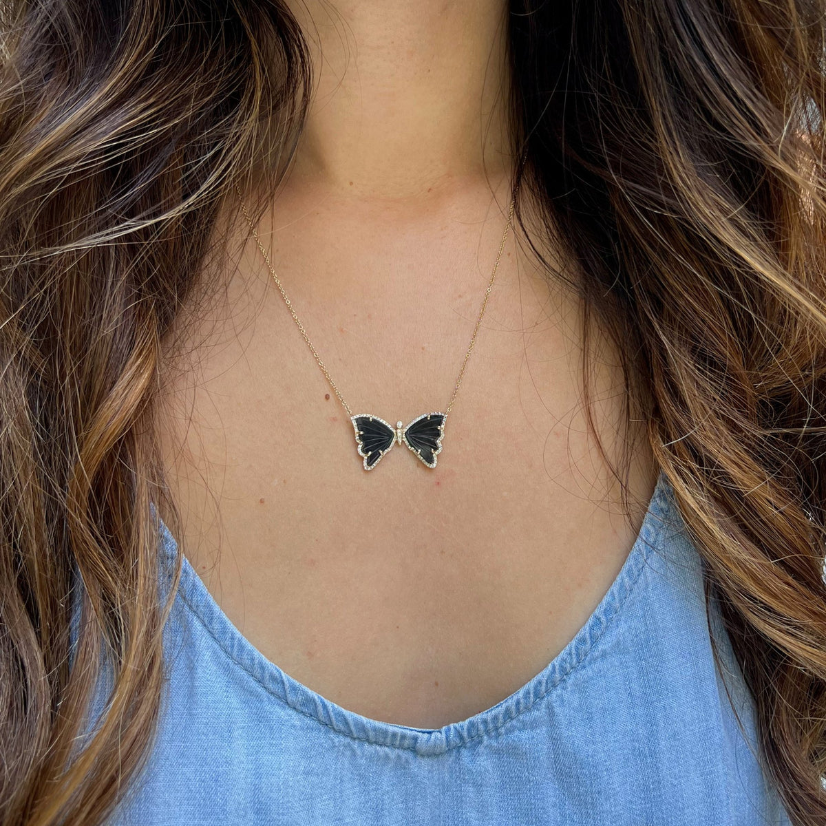 Black Tourmaline Butterfly Necklace with Diamonds
