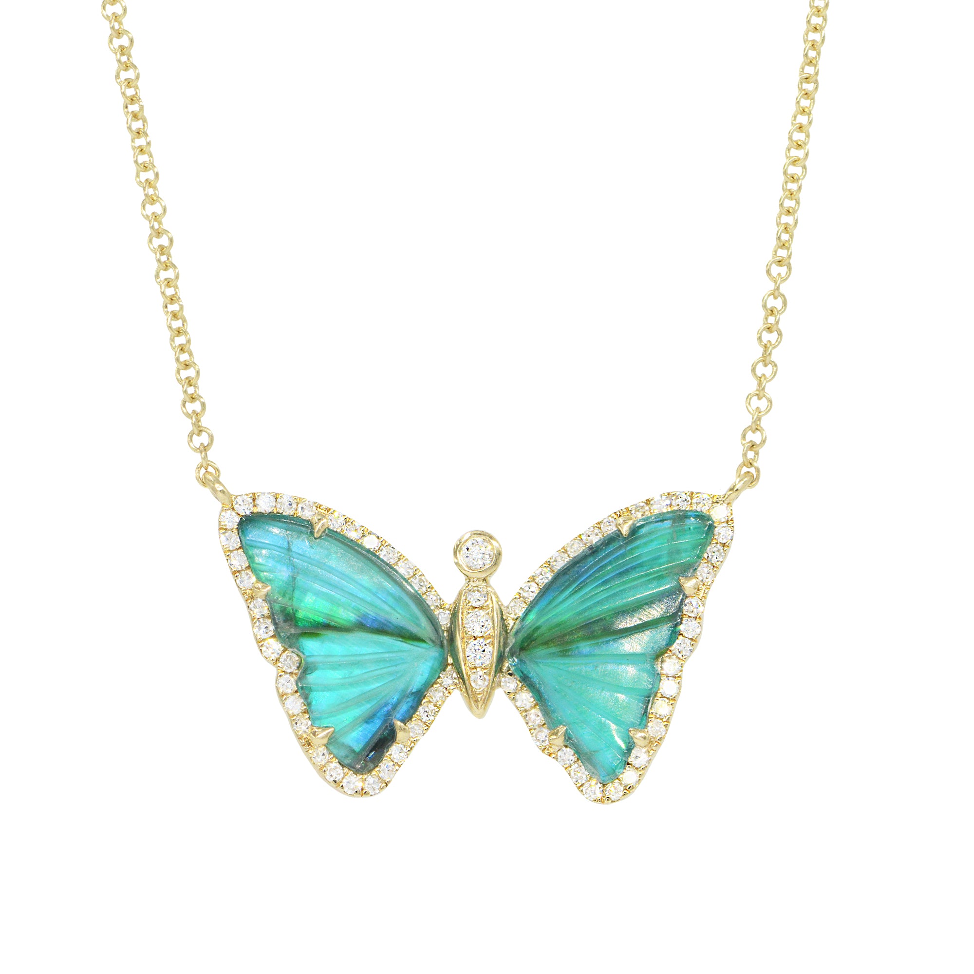 blue black and green pearl tourmaline butterfly necklace with diamonds