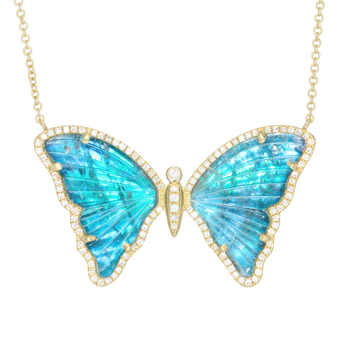Blue Green Tourmaline Pearl Butterfly Necklace with Diamonds