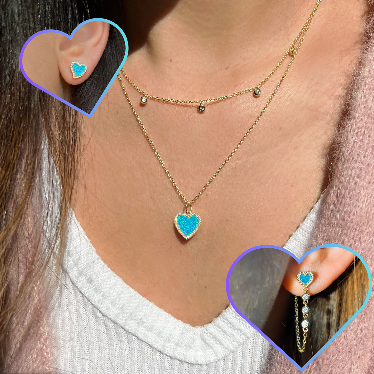 Heart Chain Stud Earrings With Crystals