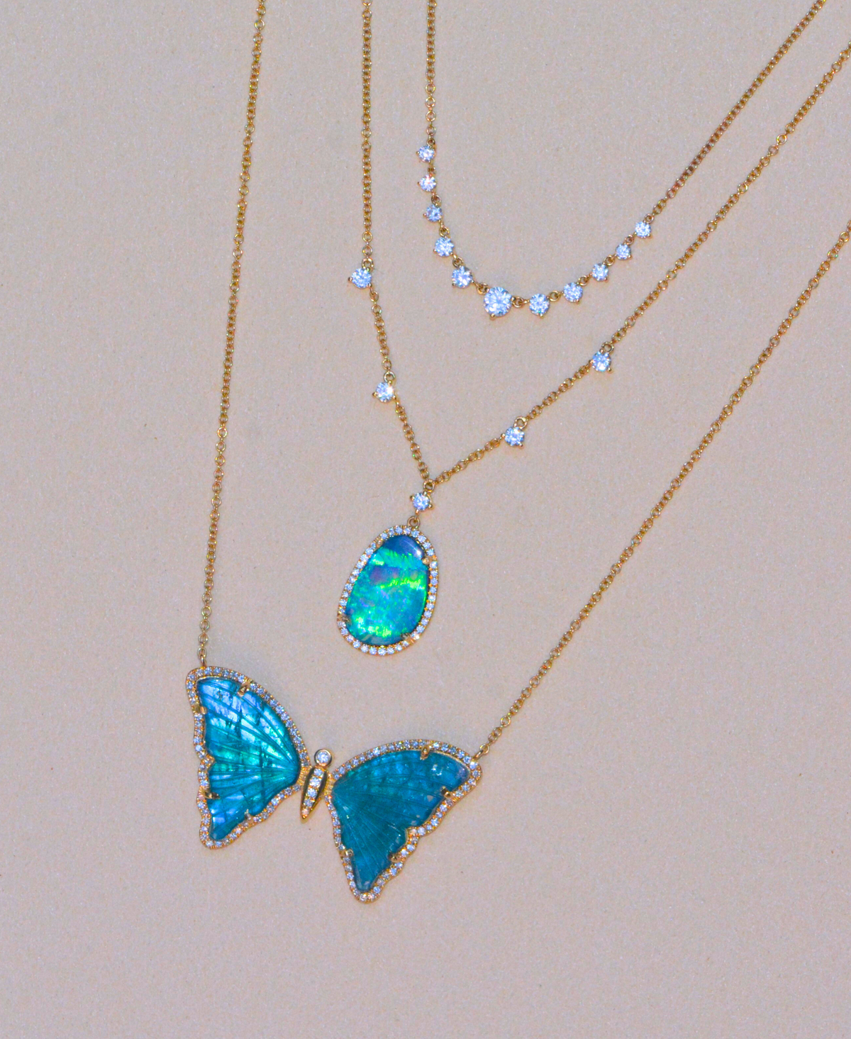Deep Blue Tropical Ocean Tourmaline and Pearl Doublet Butterfly Necklace with Diamonds