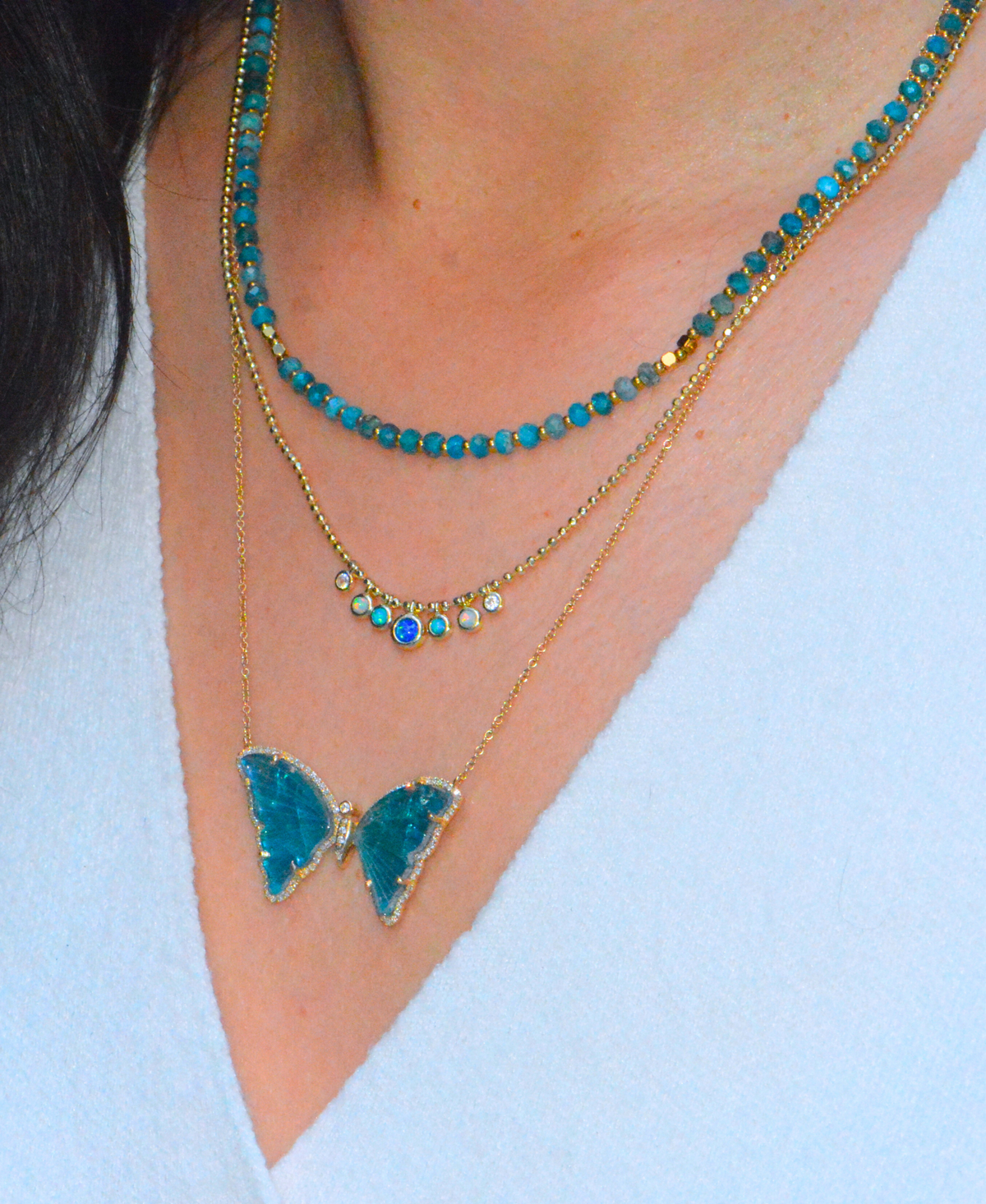 Deep Blue Tropical Ocean Tourmaline and Pearl Doublet Butterfly Necklace with Diamonds