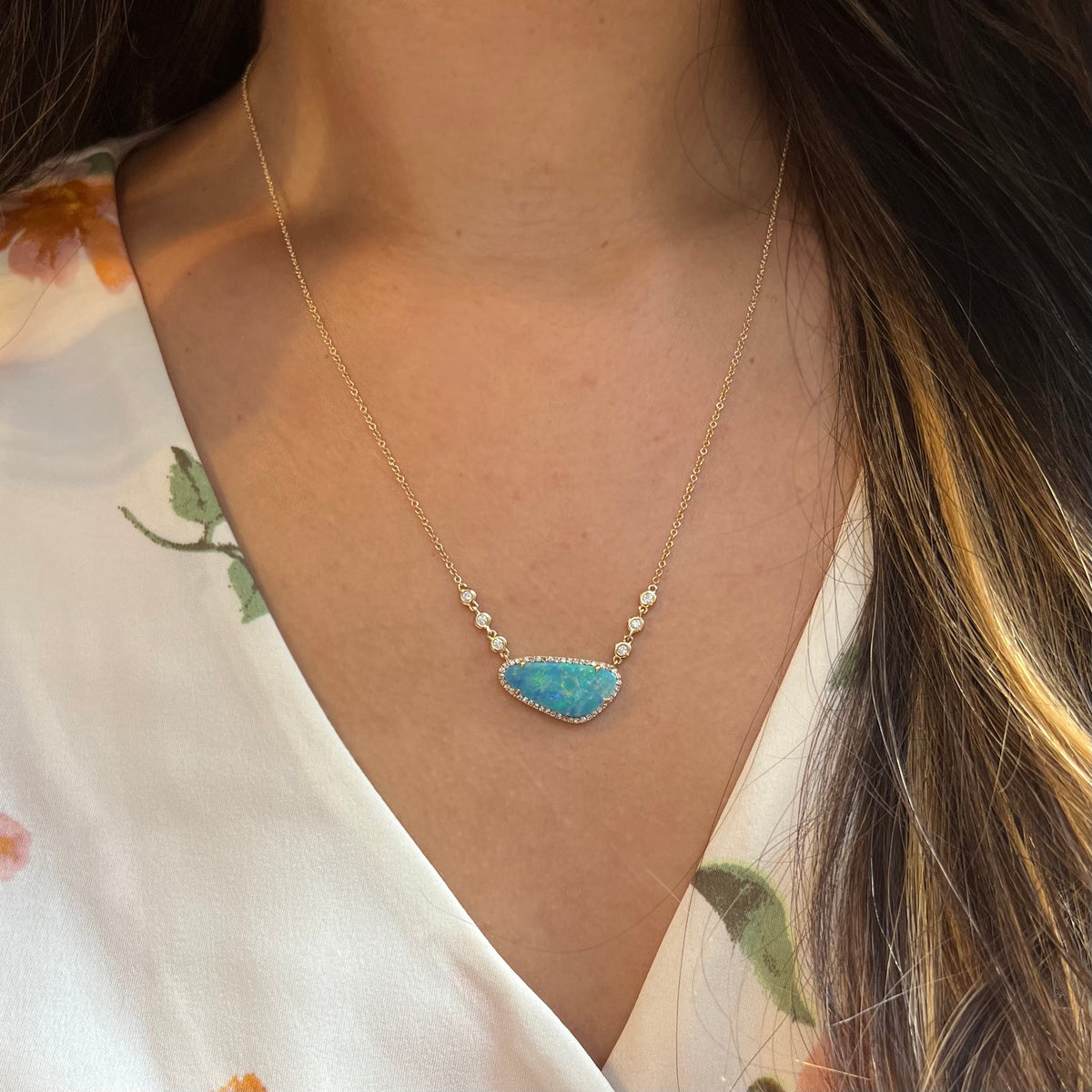 boulder opal necklace fire in line diamonds