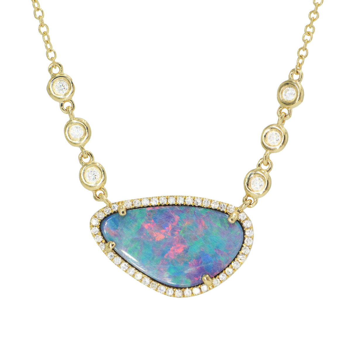 boulder opal necklace with in line diamonds in 14k gold