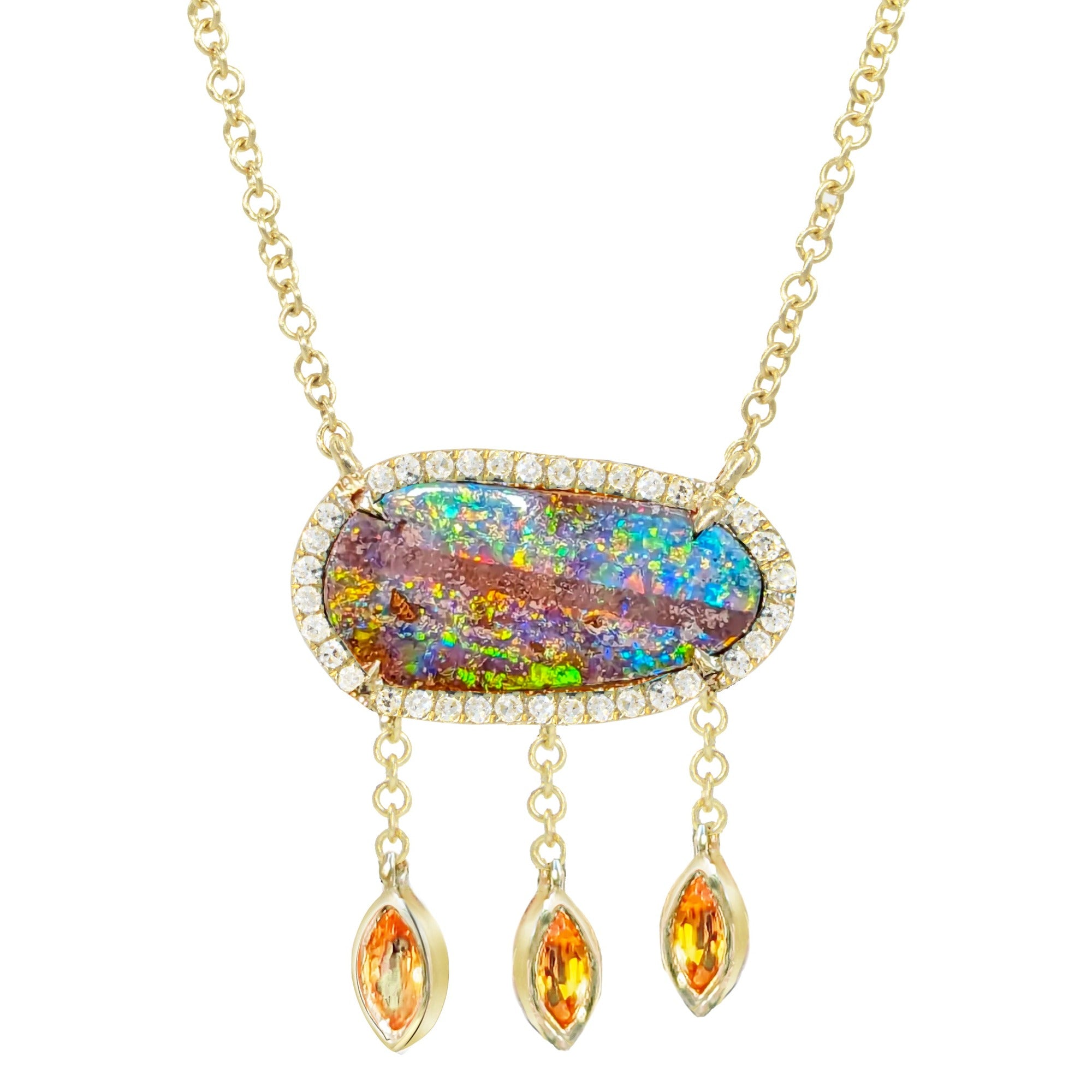 boulder opal necklace with marquise sapphire drops and diamonds