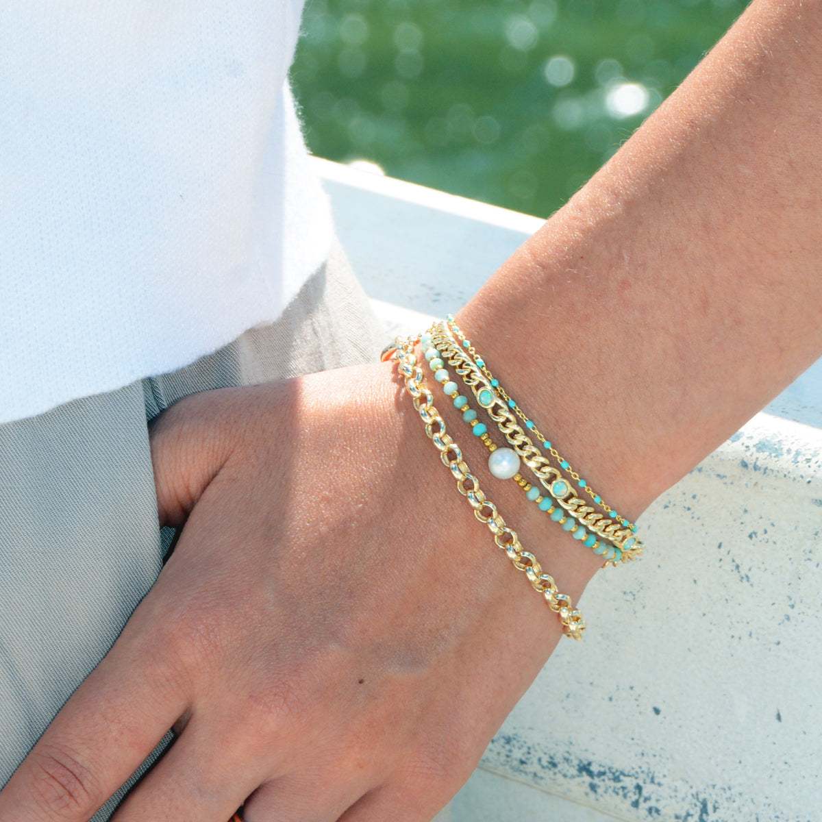 Lumira Mini Pearl and Gemstone Adjustable Bracelet With Miyuki Beads and bracelet stack