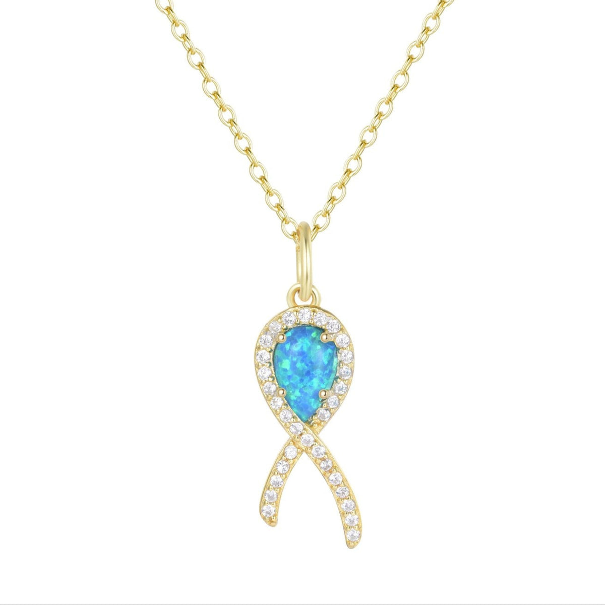 Cancer ribbon necklace with blue green opal gold