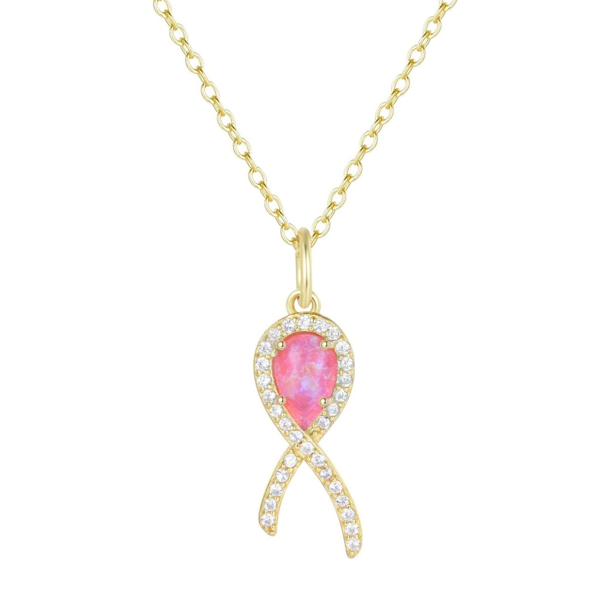 Cancer Ribbon necklace with pink opal gold