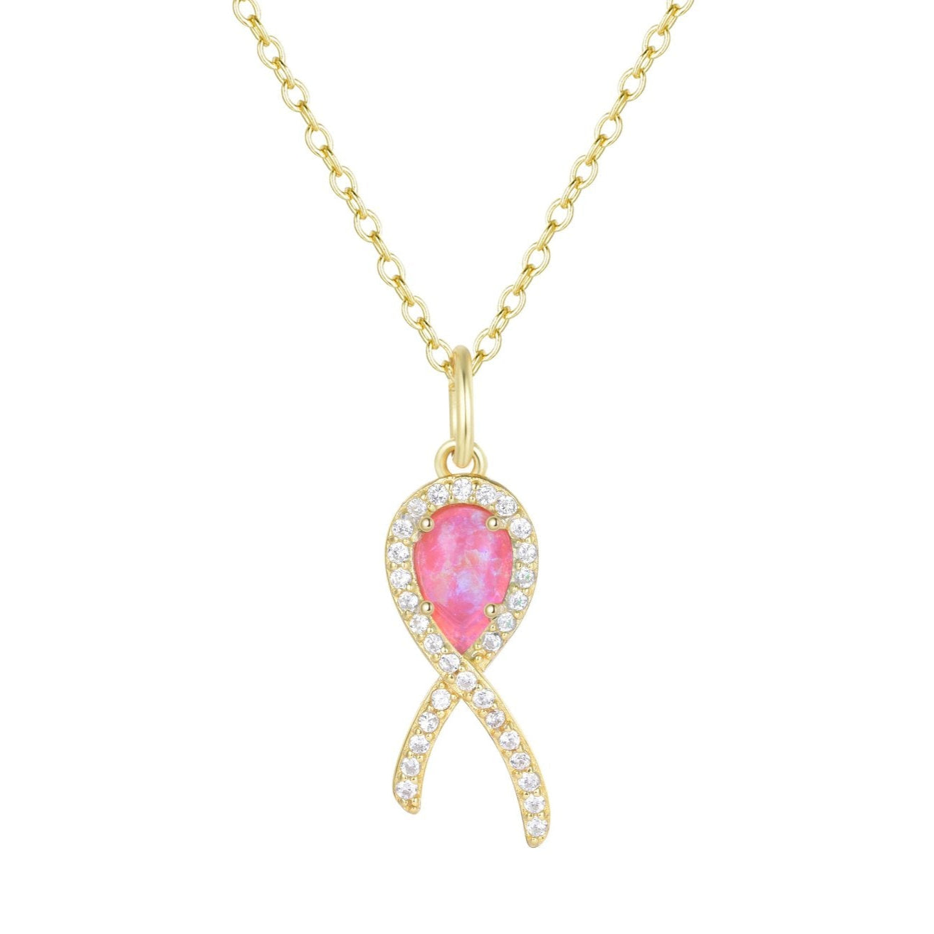 Cancer Ribbon necklace with pink opal gold