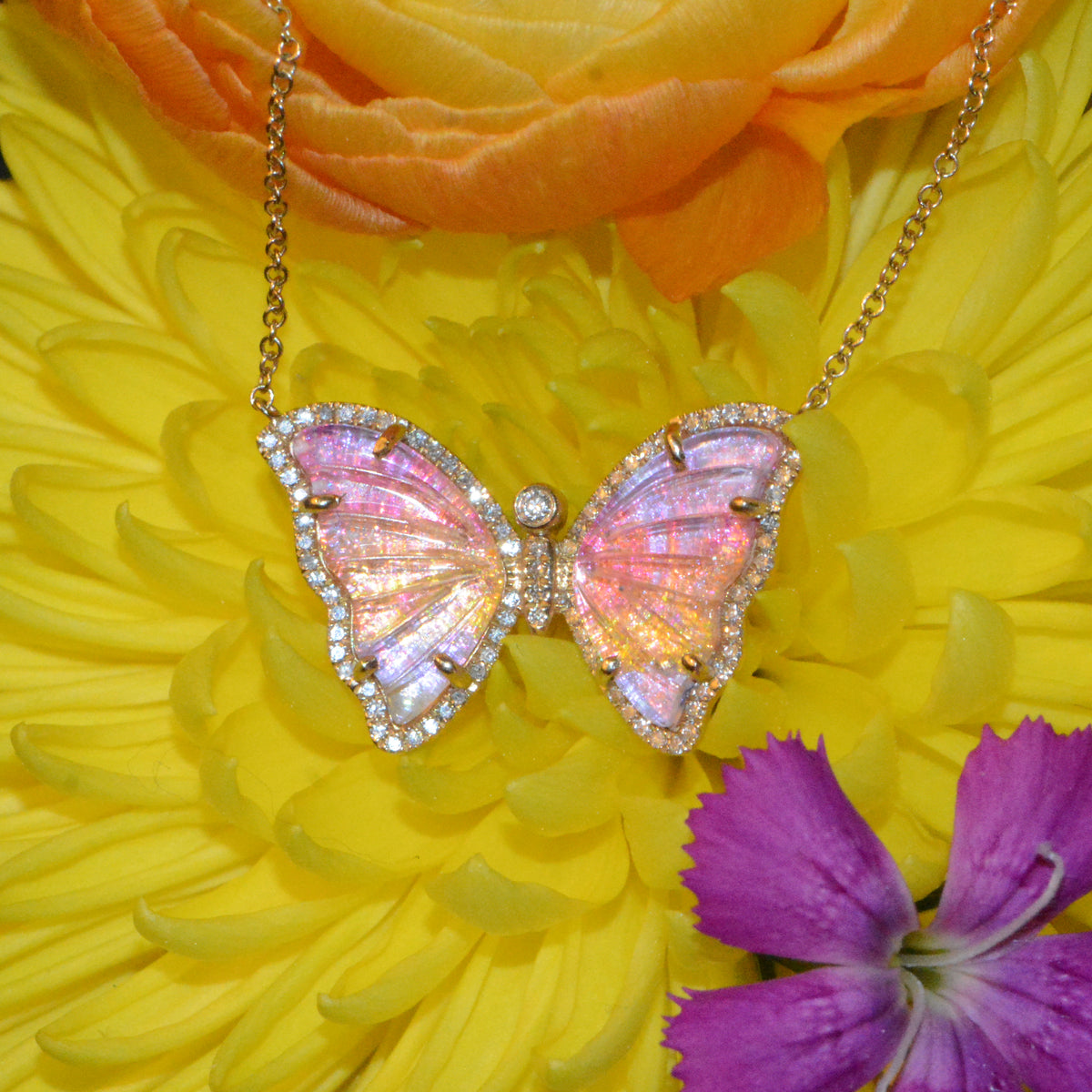 Caribbean Sunset Topaz Butterfly Necklace With Diamonds