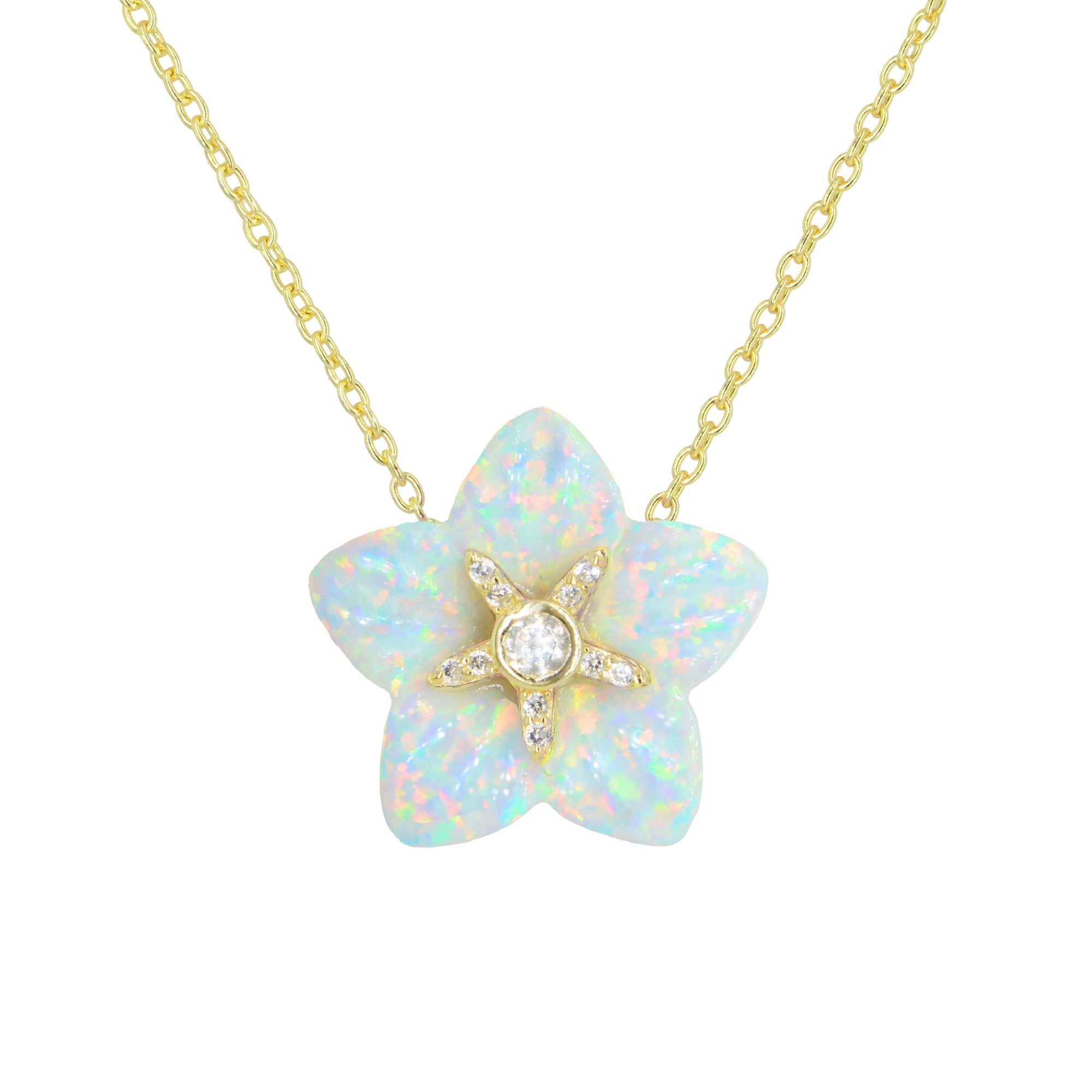 Carved Opal Flower Necklace With Crystals White