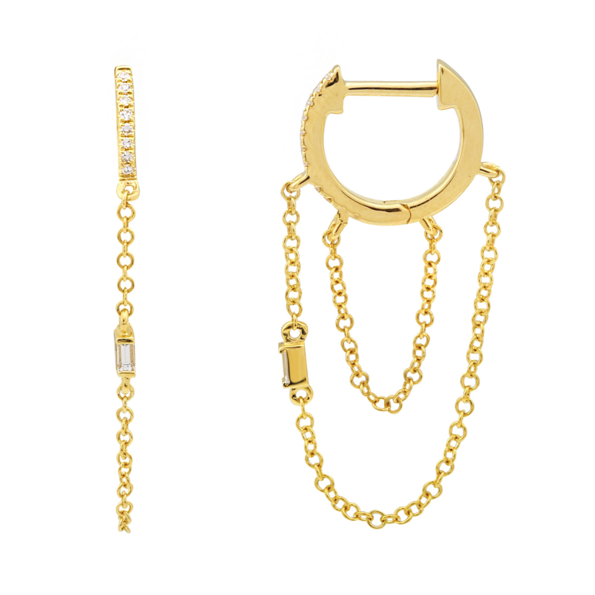 chain and diamond drop huggie earrings