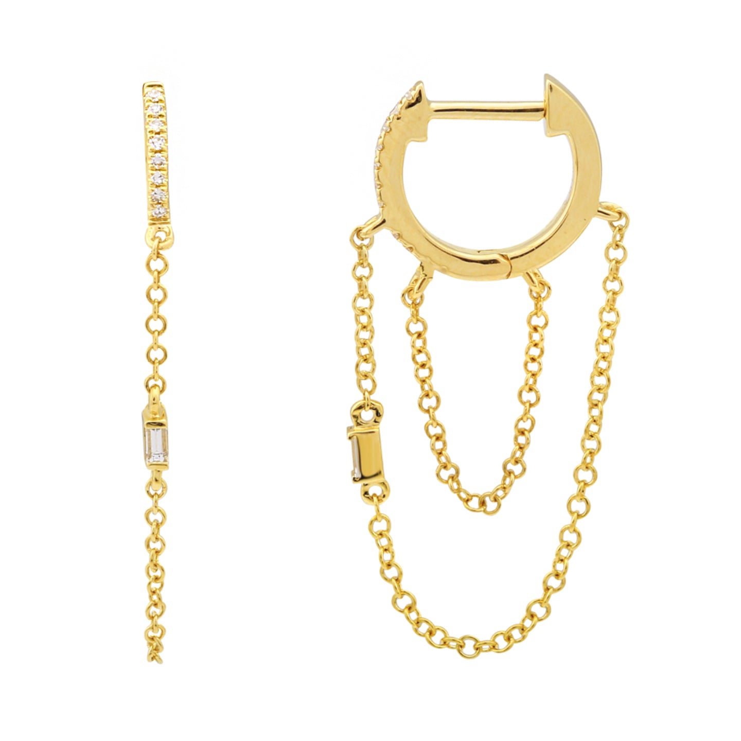 chain and diamond drop huggie earrings