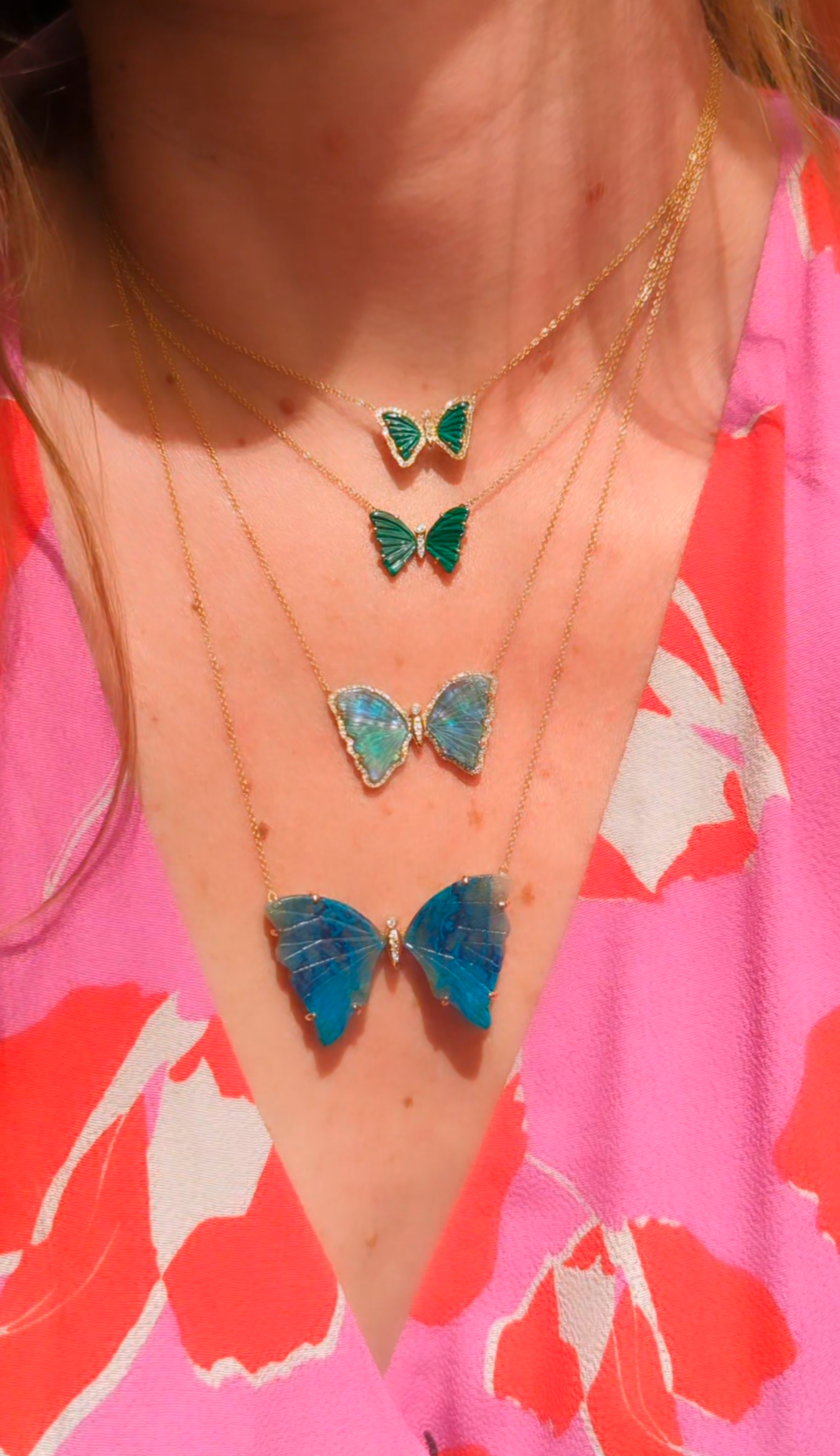mini chrysocolla butterfly necklace with diamonds