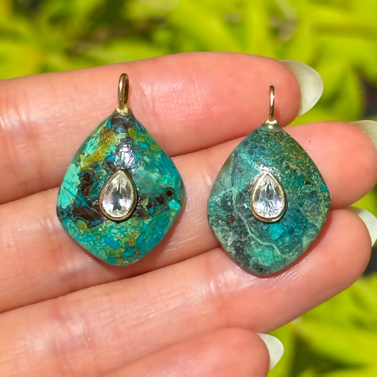 chrysocolla kite gemstone pendants with white topaz pear