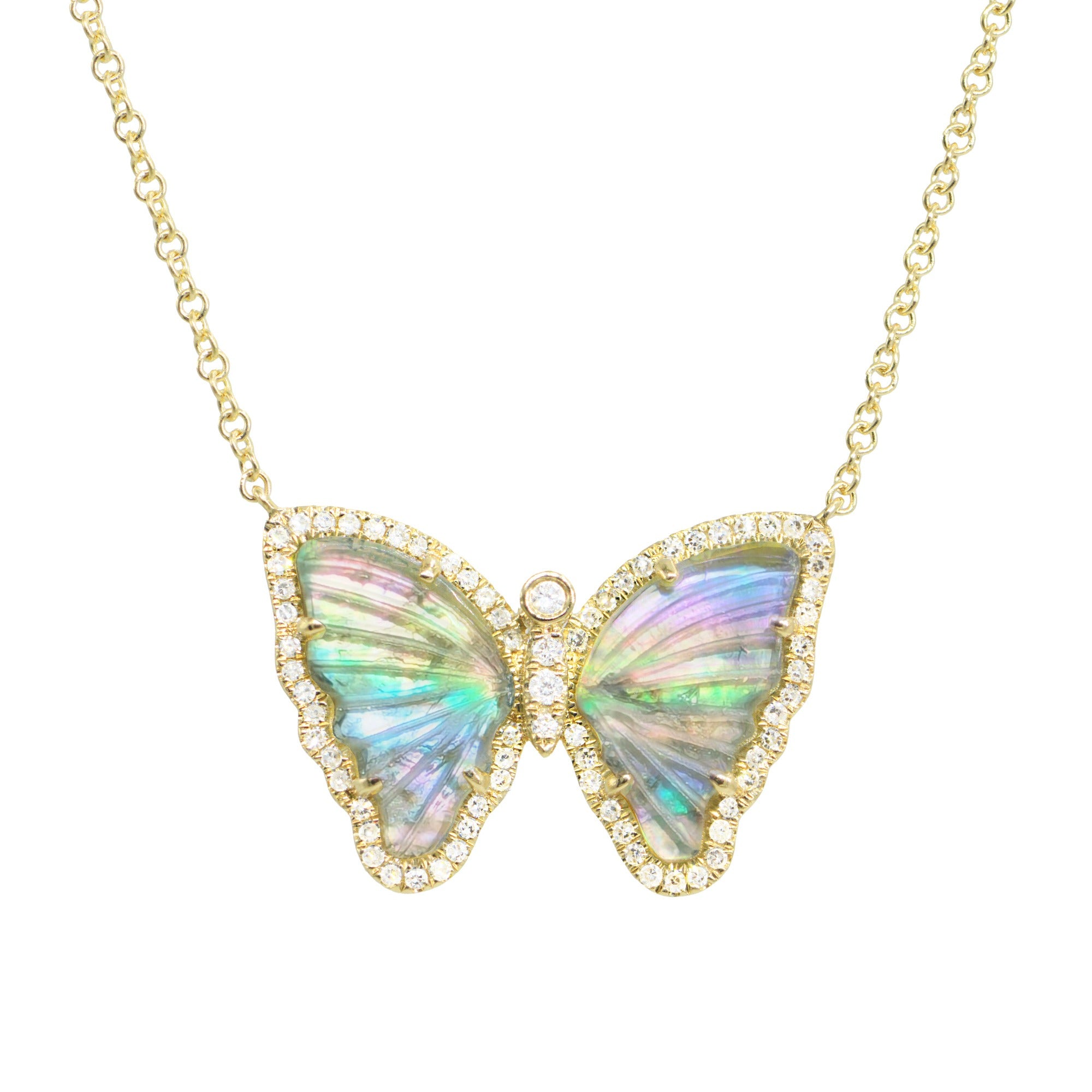 dark blue green tourmaline butterfly necklace with pearl and diamonds