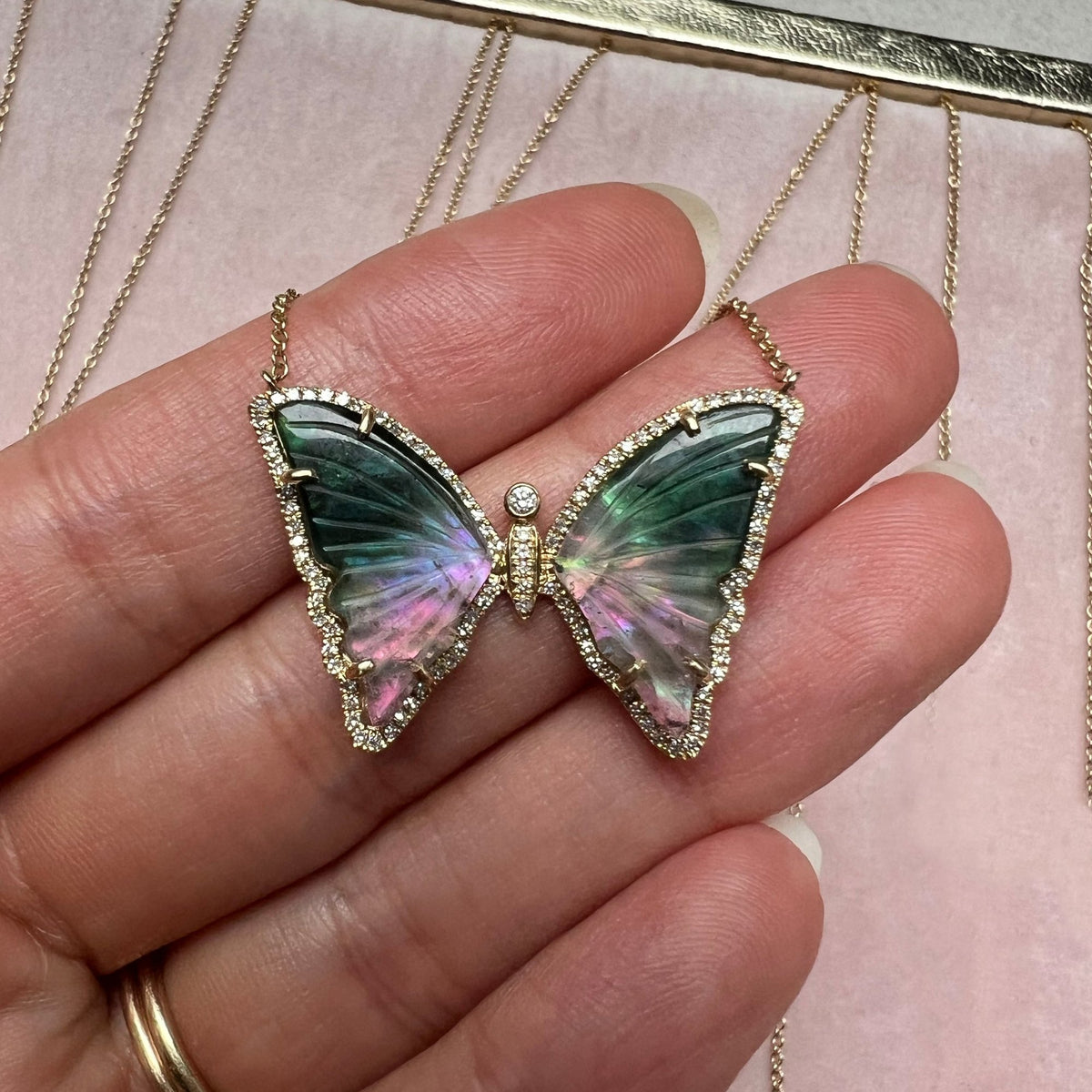 Green and Pink Tourmaline Pearl Butterfly Necklace with Diamonds