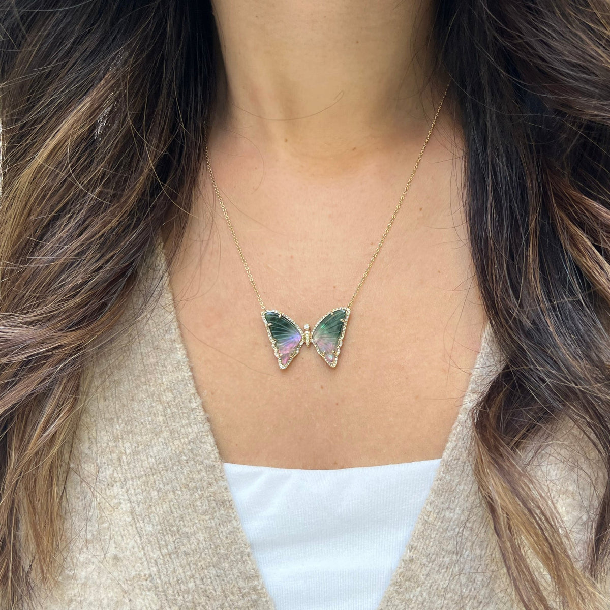 Green and Pink Tourmaline Pearl Butterfly Necklace with Diamonds
