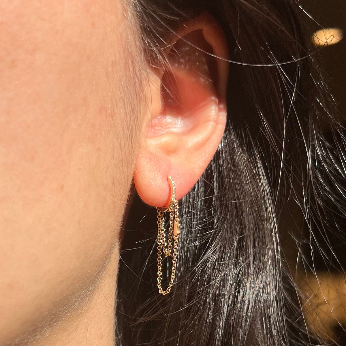 chain and diamond drop huggie earrings