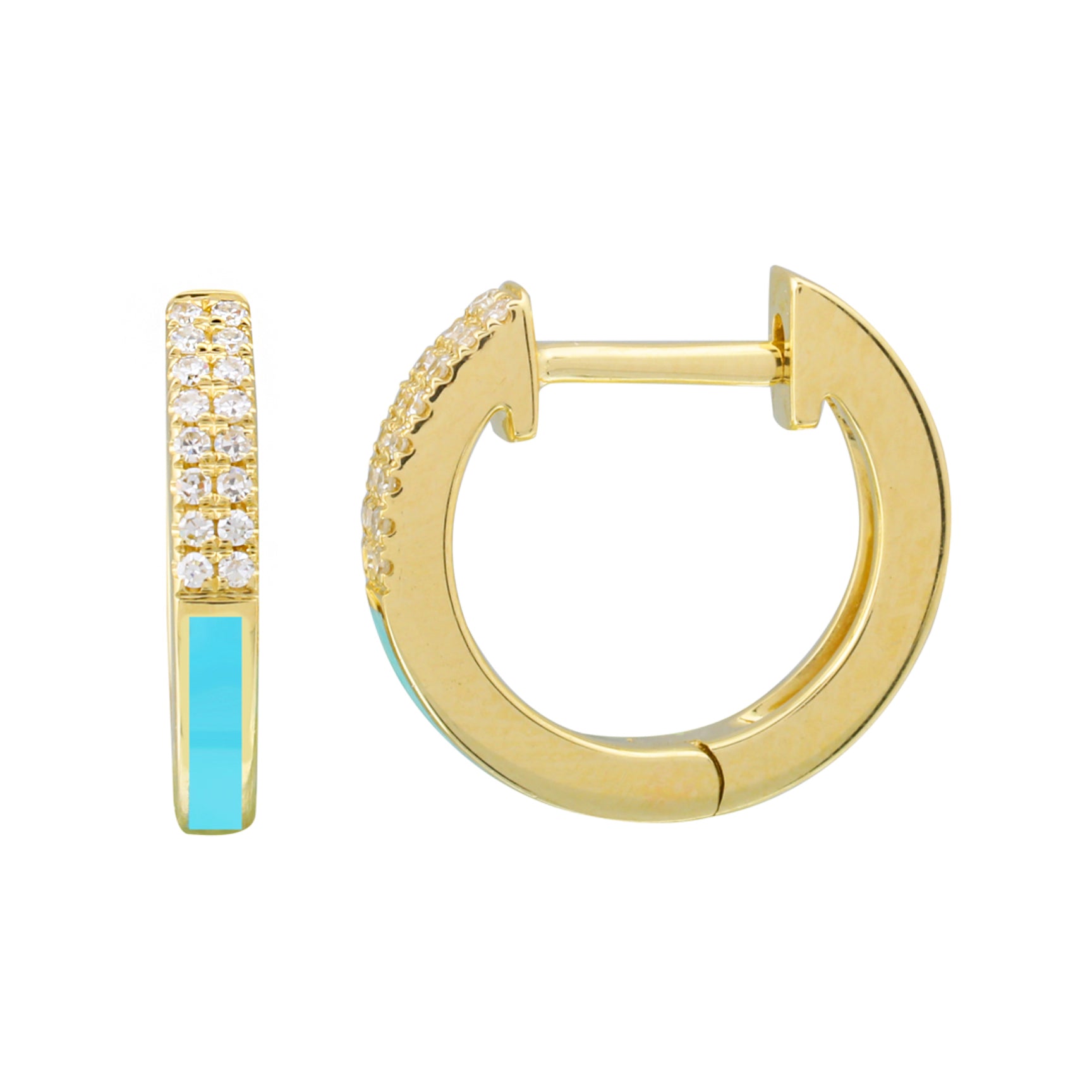 Diamond Huggie Earrings With Turquoise Enamel