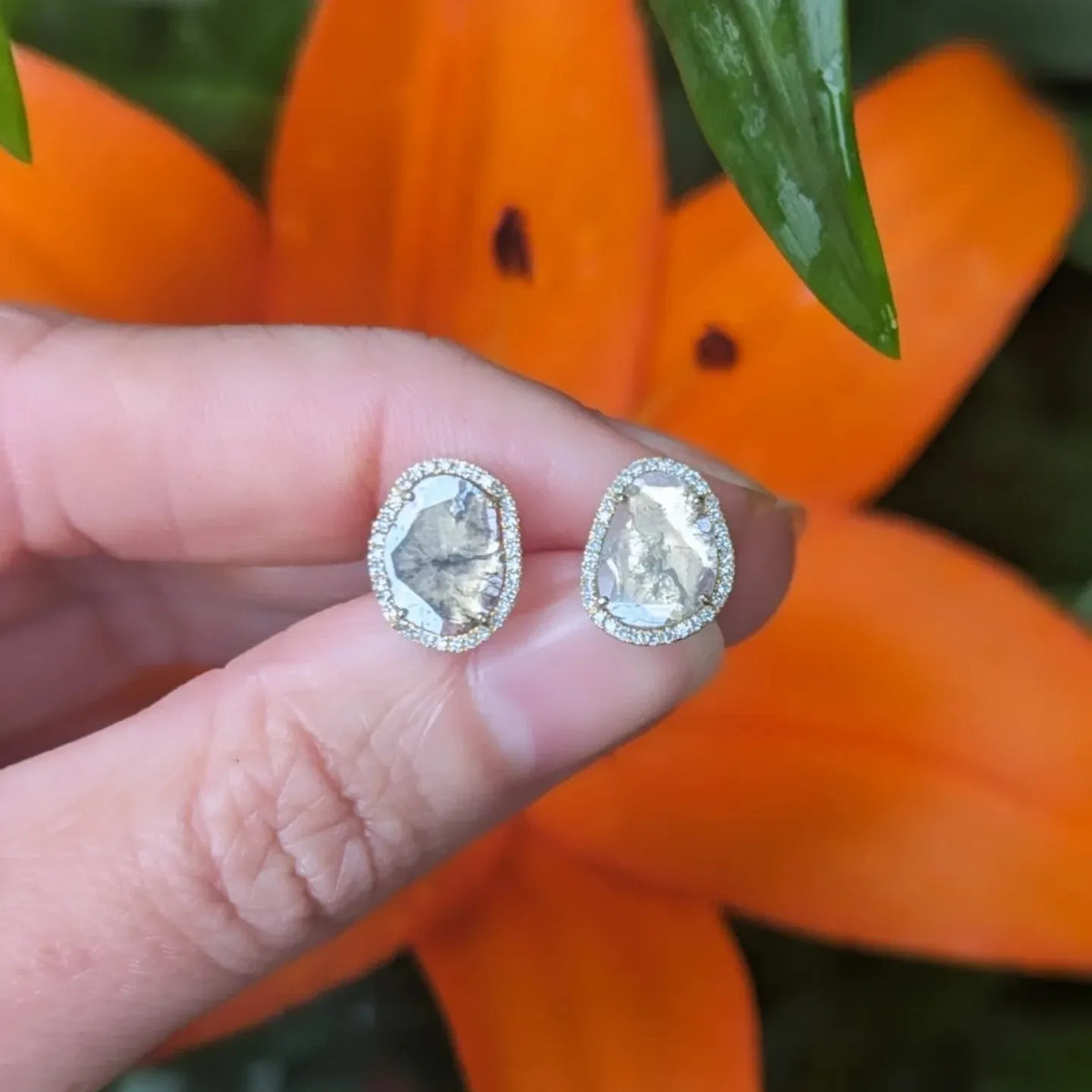 Diamond Slice Stud Earrings in 14k Gold