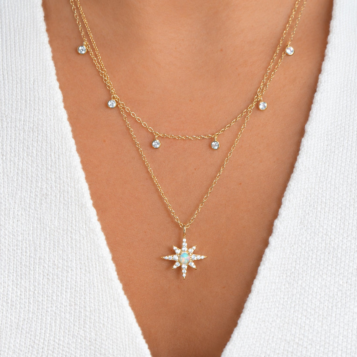 double layer necklace north star opal dew drops