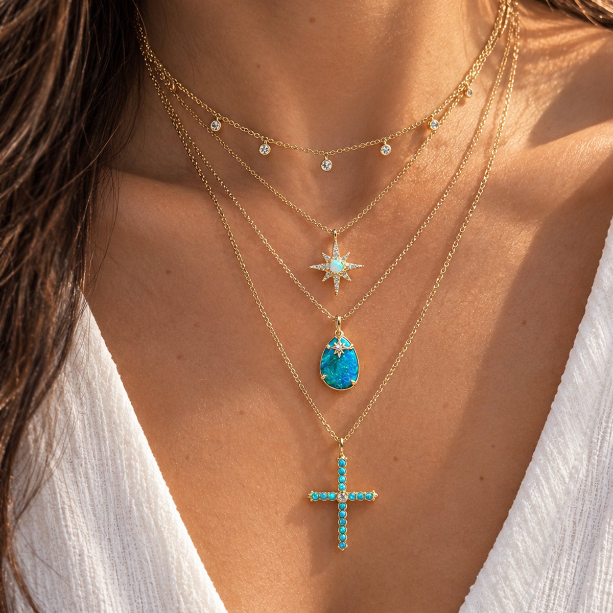 double layer necklace north star stella opal cross