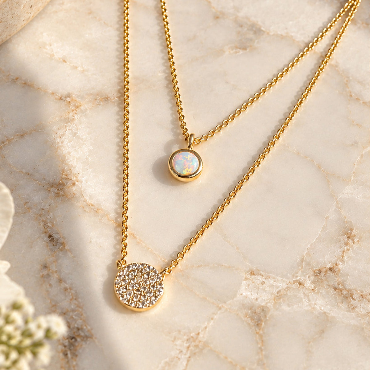 Bezel Opal and Pave Disk Double Layering Necklace