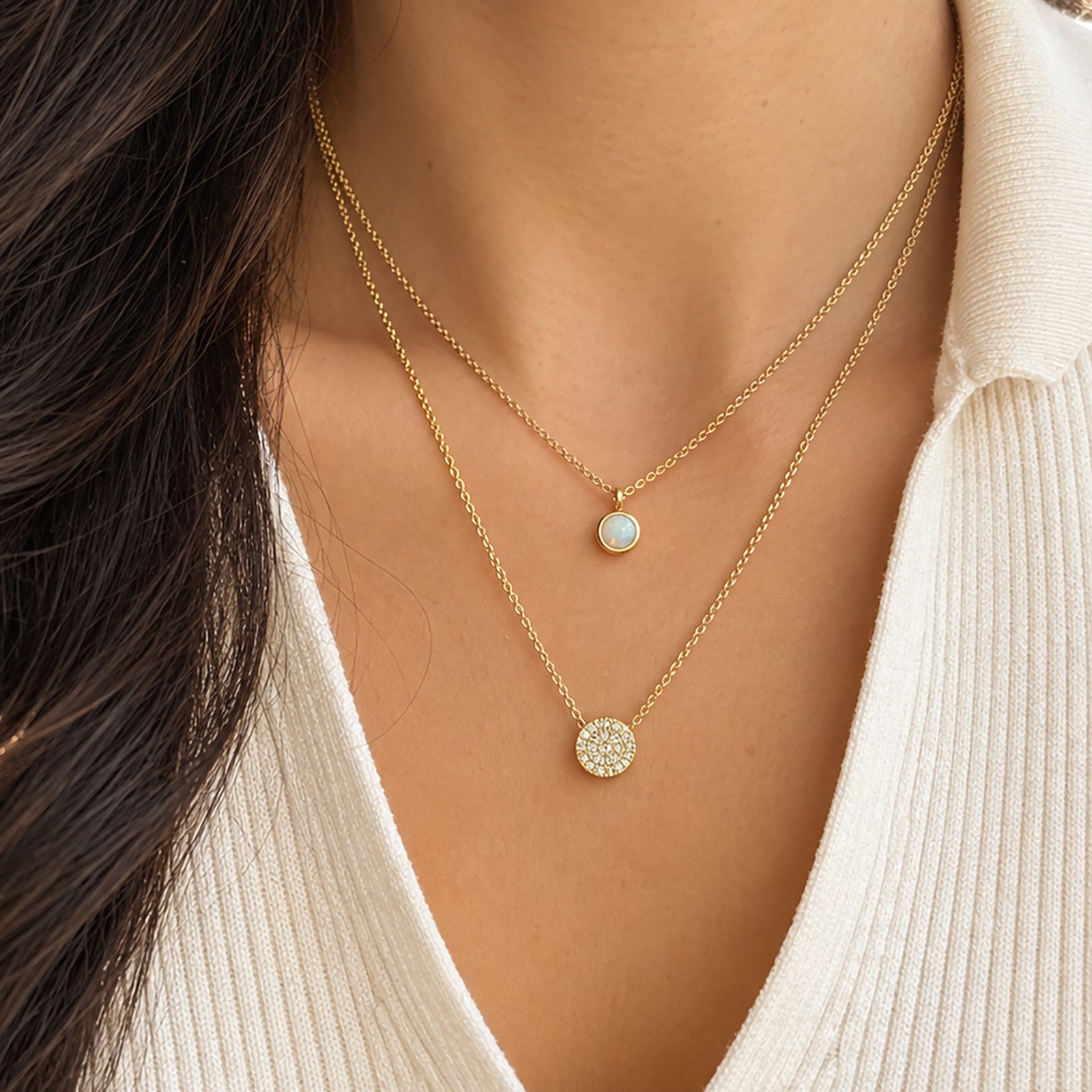 Pave Disk and Bezel Opal Layering Necklace