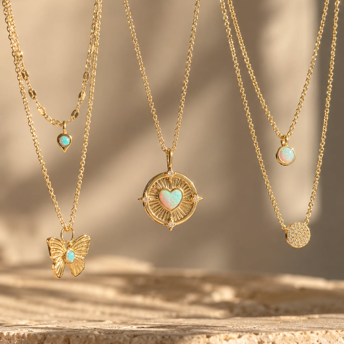 Bezel Opal and Pave Disk Double Layering Necklace