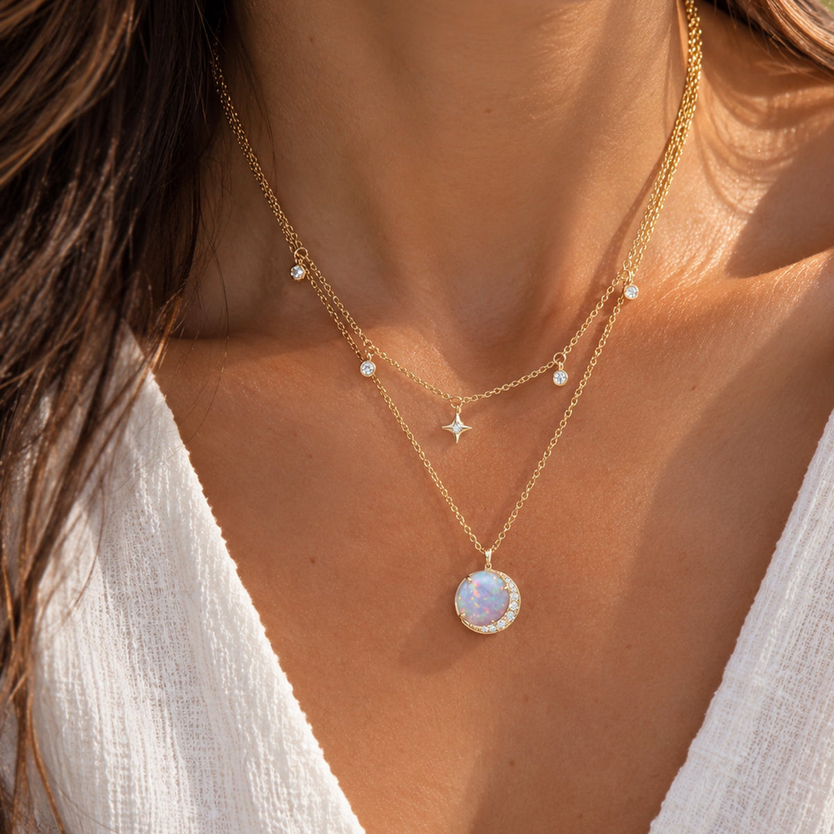 double layer necklace opal crescent moon lavender opal
