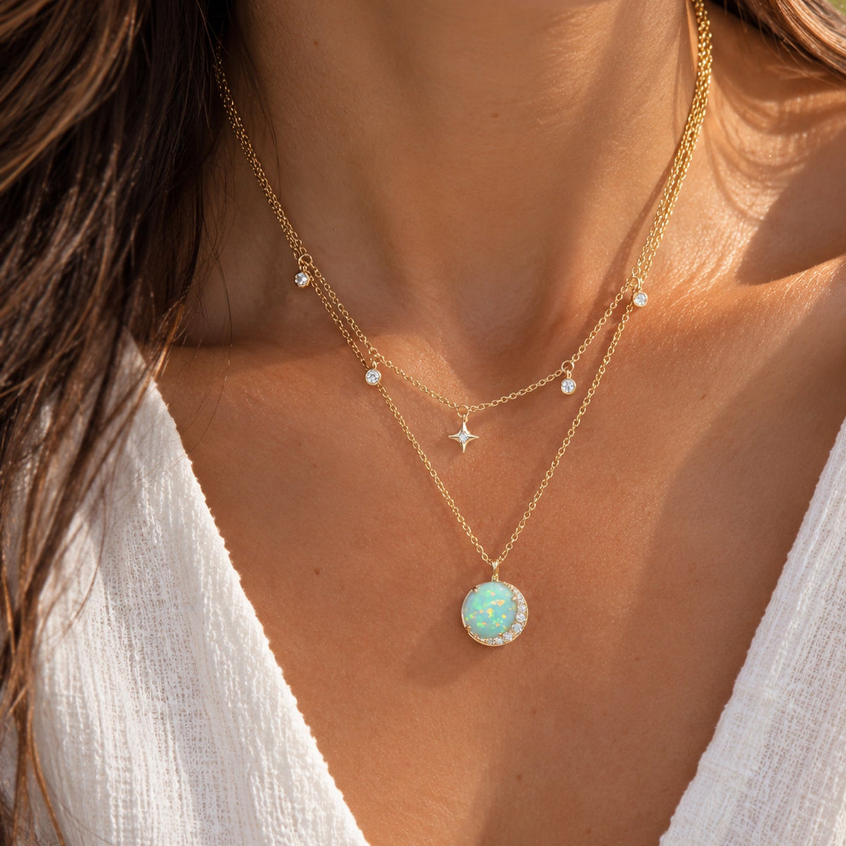double layer necklace opal crescent moon light green