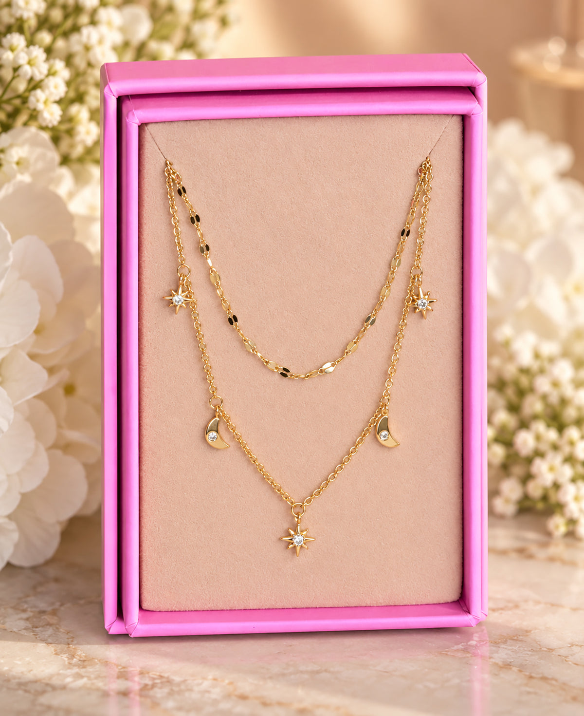 Moon and Stars Celestial Double Layering Necklace