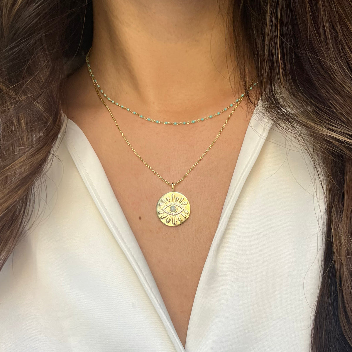 evil eye medallion necklace layered enamel beaded chain