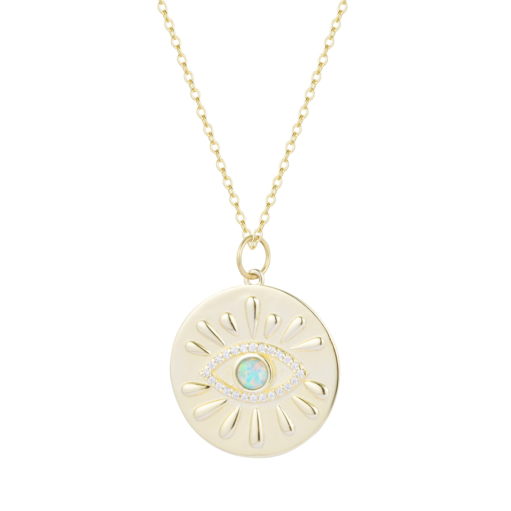 evil eye with rays opal medallion necklace light green