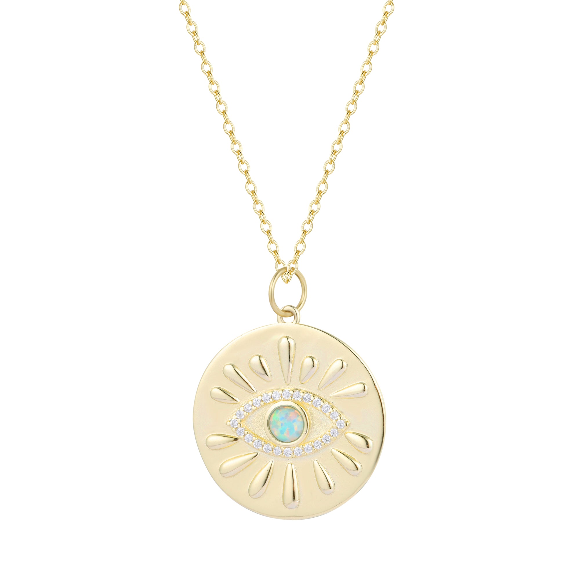 evil eye with rays opal medallion necklace light green