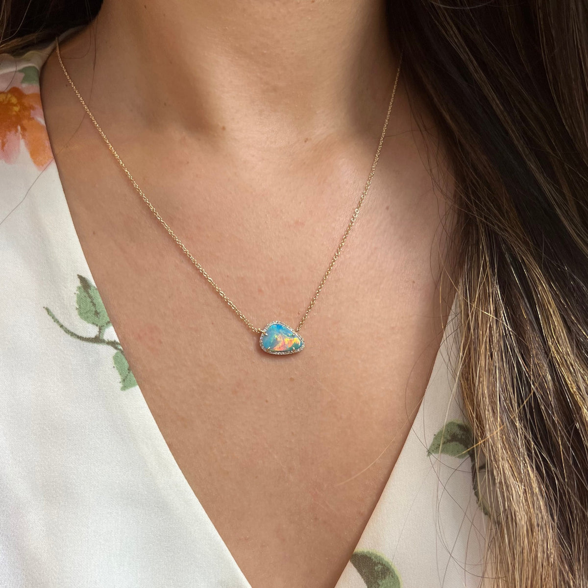 fire boulder opal trillion necklace with diamonds