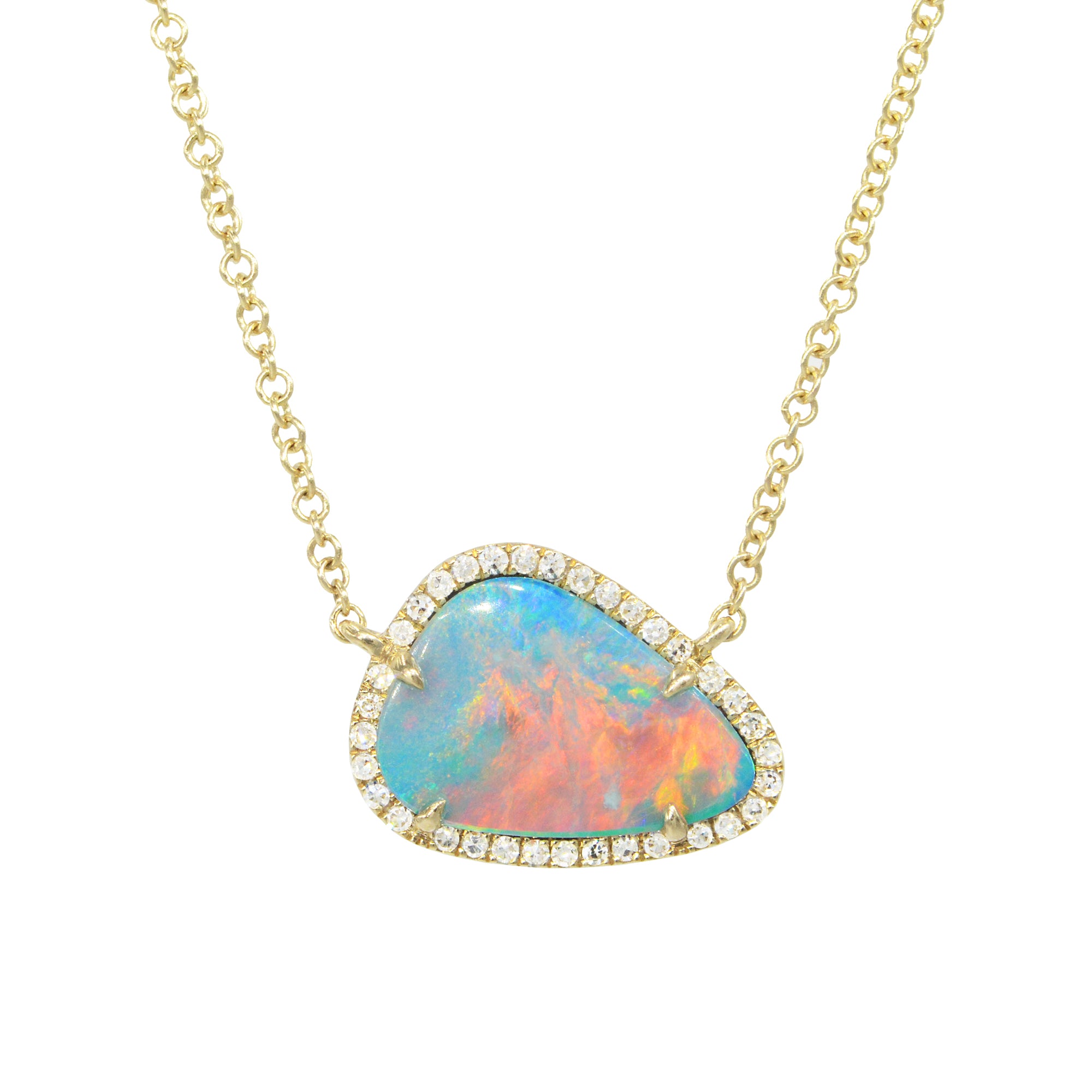 fire boulder opal trillion necklace with diamonds