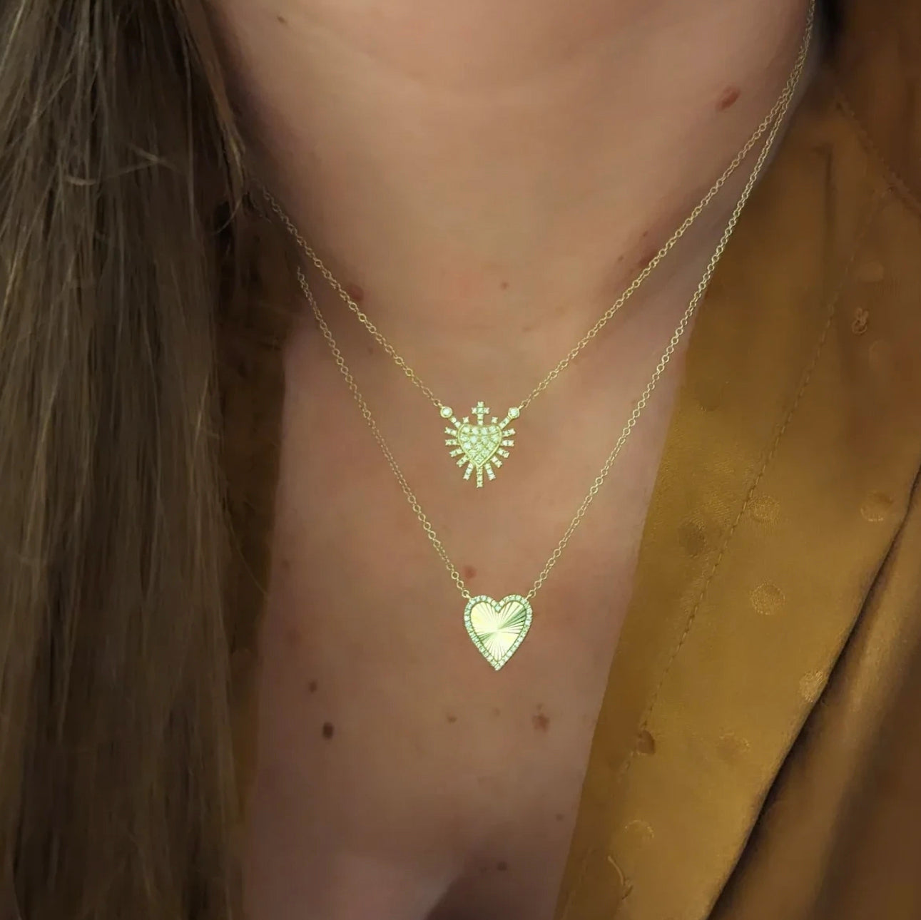 fluted heart necklace in 14k with diamonds