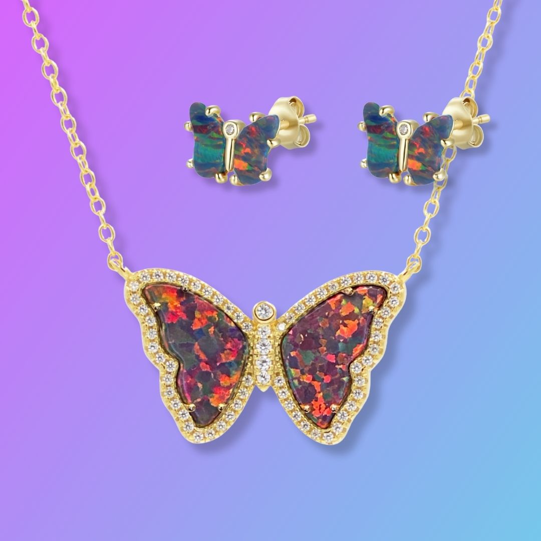 Gift Set | Opal Butterfly Necklace With Opal Butterfly Stud Earrings